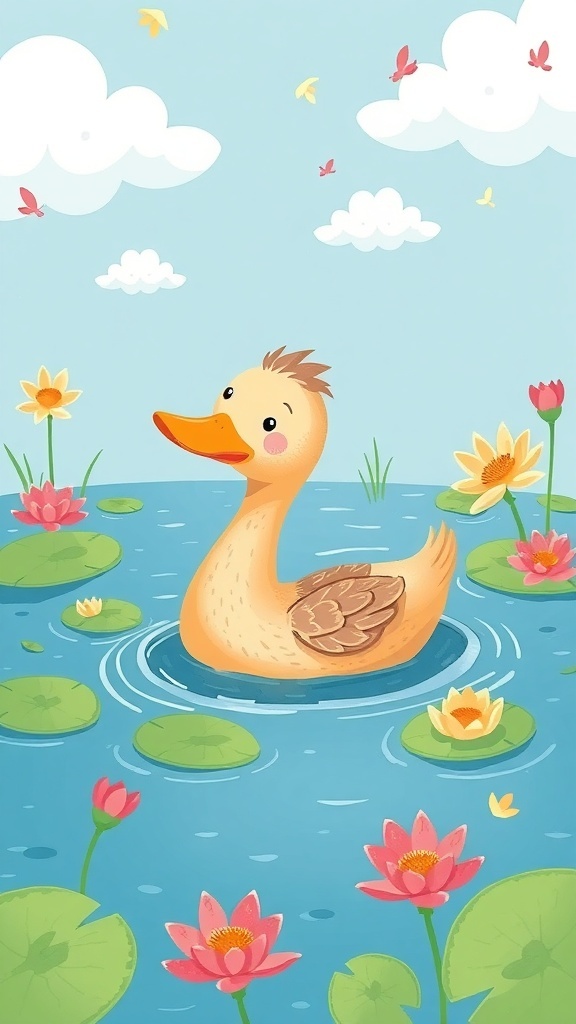 A charming duck swimming in a pond with lily pads and flowers, set against a blue sky.